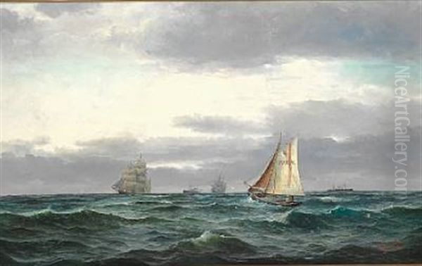 Marine With Several Ships, Gray Rainy Clouds And A Bit Of Blue Sky - view 1