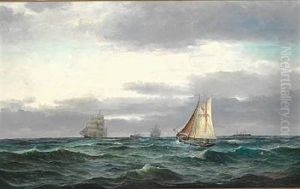 Marine With Several Ships, Gray Rainy Clouds And A Bit Of Blue Sky by Edvard Skari