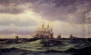 Marine Med Sejlskibe Pa Abent Hav by Edvard Skari