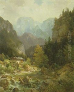 Partie Bei Berchtesgaden: Bauernhauser Im Gebirgstal Am Bachufer Partie Bei Berchtesgaden: Bauernhauser Im Gebirgstal Am Bachufer