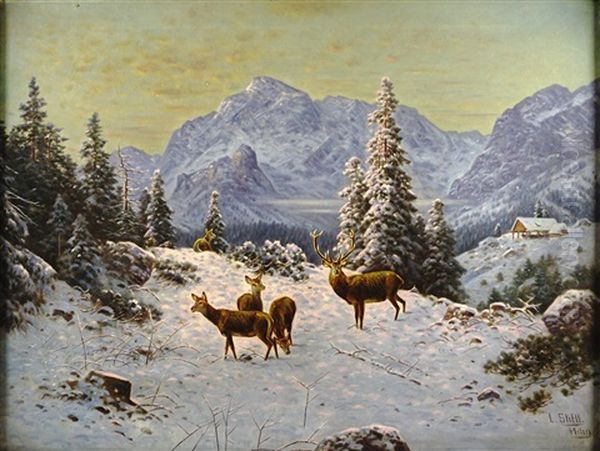 Rotwild In Schneebedeckter Landschaft Vor Alpinem Hintergrund - view 1