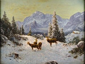 Rotwild In Schneebedeckter Landschaft Vor Alpinem Hintergrund by Ludwig Skell