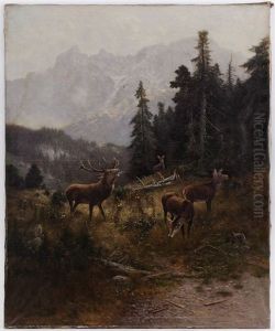 Cerf Au Brame Et Biches A La Lisiere De Foret by Ludwig Skell