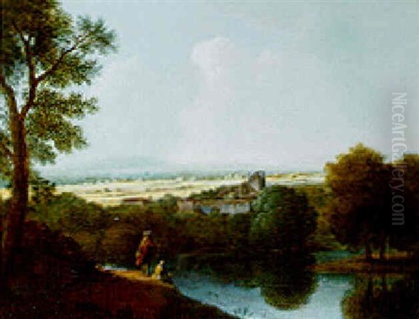 An Extensiver Italian River Landscape, With Figures In The Foreground And Ruins In The Middle Distance - view 1