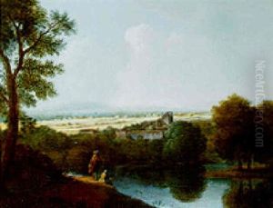 An Extensiver Italian River Landscape, With Figures In The Foreground And Ruins In The Middle Distance by Jonathan Skelton