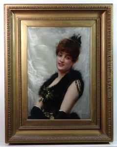 Fine Portrait Of A Red Haired Lady, Dressed Wearing Some Whitby Jet And Holding A Pair Of Theatre Glasses by Frank Markham Skipworth