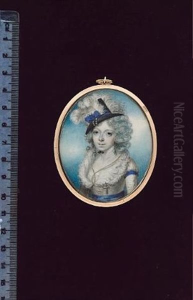 A Lady, Wearing White Dress With Double-layered Frilled Collar, Blue Ribbon Waistband, Matching Band Around Her Arm, Cross On A Long Chain About Her Neck, Drop Pearl Earrings And Black Hat - view 1
