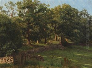 Grazing Sheep At A Stone Wall Near The Woods by Joakim Frederik Skovgaard