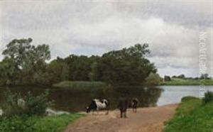 A Farmer Watering His Cows At A Lake by Joakim Frederik Skovgaard