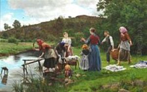 Women And Girls Washing Clothes By A River In Holland by Joakim Frederik Skovgaard