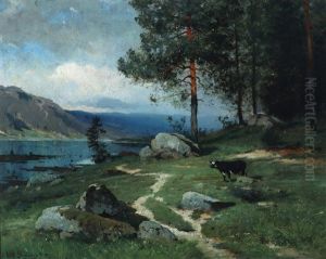 Scenery From A Norwegian Fiord With Grazing Cow by Ludvig Skramstad