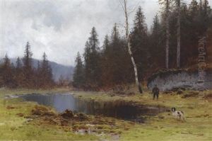 Jager Mit Vorstehhund Am Weiher Jager Mit Vorstehhund Am Weiher