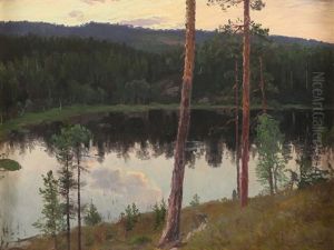 Skogspeiling I Stille Tjern, Heggedal 1893 by Christian Eriksen Skredsvig