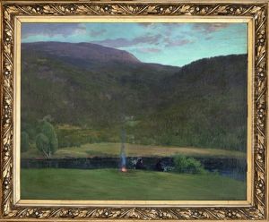 Stangfiske Ved Elv, Aften by Christian Eriksen Skredsvig
