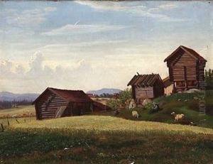 Kone Med Faar Ved En Norsk Bygd (landscape From Norway With A Woman And Sheep) by Christian Eriksen Skredsvig