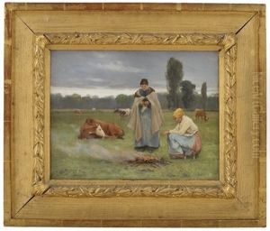 Milkmaids By The Fire In Grez by Christian Eriksen Skredsvig