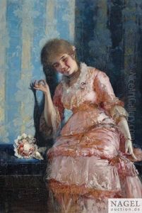 Bildnis Einer Jungen Dame Im Ballkleid Und Mit Blumen, Einen Ring Prasentierend by Dominik Skuteczki