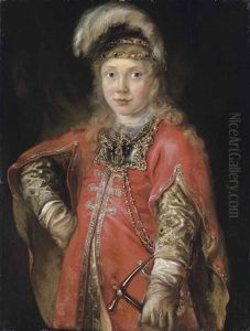 Portrait Of A Boy, Three-quarter-length, In A Red Tunic With Gold Embroidered Sleeves And A Feathered Headdress, Holding A Pick In His Left Hand