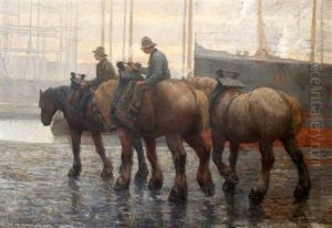 Havenarbeiders Te Paard Op Een Kade In Antwerpen Havenarbeiders Te Paard Op Een Kade In Antwerpen