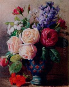 Roses And Delft Blue Hyacinths In A Vase by Charles Henry Slater