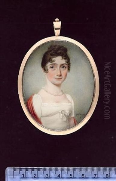 A Lady Wearing White Dress With Ribbon Bow, Crimson Shawl And Pearl Necklace - view 1