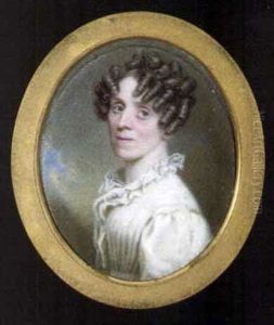 A Lady In White Dress With Pleated Bodice And Lace Collar, Her Fair Hair In Ringlets, Nocturnal Sky Background by Isaac Ware Slater