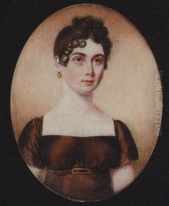 A Lady, Her Hair Upswept In Curls, Wearing Decollete Brown Dress With Short Sleeves And Waistband With Gold Buckle And Gold Hoop Earring