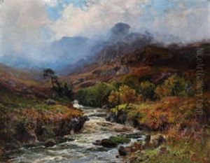 An Upland River Landscape With A Misty Peak In The Background