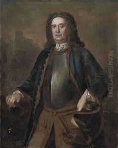 Portrait Of Major General Richard St. George In A Blue Coat And Breast Plate, A Tricorn In His Left Hand, His Right Hand On A Canon, A Castle Beyond