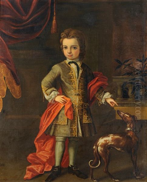 Portrait Of A Young Boy, Standing, Wearing An Embroidered Coat And Red Shawl, A Greyhound Nearby - view 1