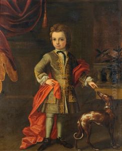 Portrait Of A Young Boy, Standing, Wearing An Embroidered Coat And Red Shawl, A Greyhound Nearby by Stephen Slaughter