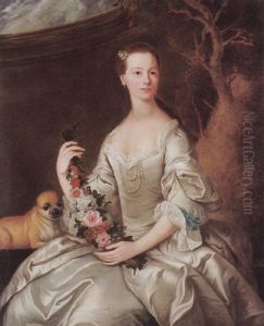 Portrait Of A Lady Wearing A Silver Dress And Pearls, A Pug At Her Side