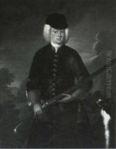 Portrait Of A Huntsman, Standing Three-quarter Length,      Wearing A Green Coat And Black Hat, Holding A Shotgun, With