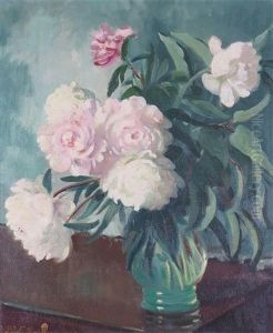 Still Life Of Peonies In A Green Vase by James Sinton Sleator