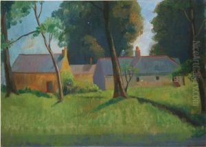 Farm Buildings In Wooded Landscape by James Sinton Sleator
