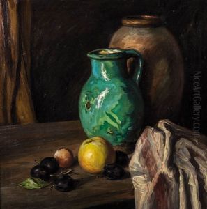 Stillleben Mit Obst, Einem Keramik-krug Und Einer Vase Gruppiert Entlang Der Bilddiagonalen Vor Dunklem Hintergrund