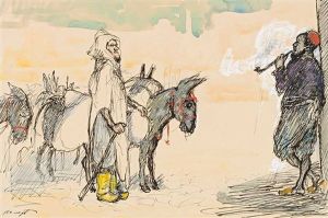 Orientalische Szene Mit Einem Haik Tragenden Eselstreiber Und Einem Pfeifenrauchenden Mann, Der Sich Lassig An Eine Wand Anlehnt