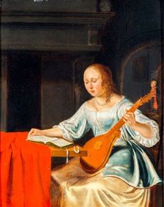Jonge Vrouw In Blauw Satijnen Jas En Een Citer, Gezeten Aan Een Tafel by Pieter Cornelisz van Slingeland