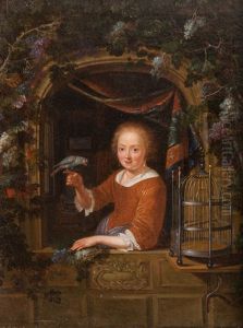 Jeune Fille A La Fenetre, Tenant Un Perroquet by Pieter Cornelisz van Slingeland