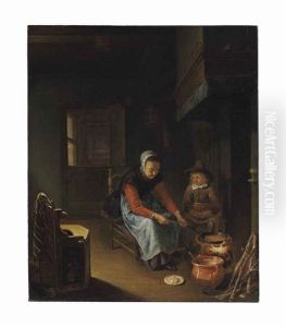 A Woman Cooking Pancakes With A Young Boy Before A Hearth