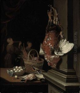A Dead Cockerel Hanging From A Nail, Ducks, Eggs And Carrots In Wicker Baskets On A Table In An Interior, Two Maids Beyond