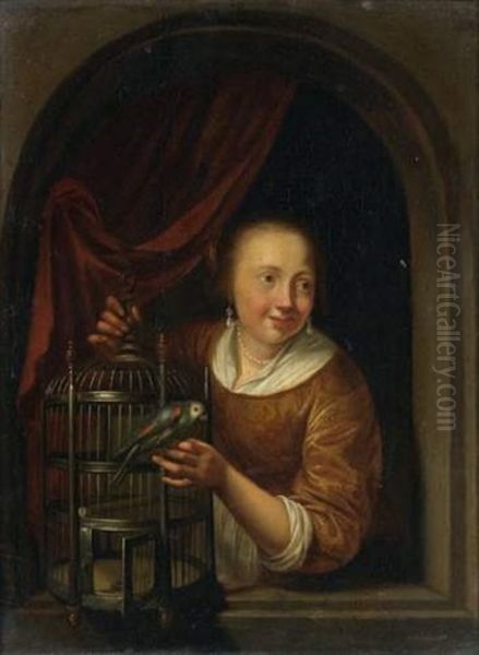 Jeune Fille A La Perruche, Dans Une Fenetre Cintree - view 1