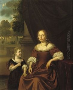 Portrait Of A Lady, In A Brown Dress And Pearl Necklace, Seated By A Table, A Girl By Her Side Holding A Flower by Pieter Cornelisz van Slingeland