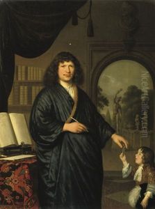Portrait Of A Gentleman, In A Japansche Rok, Standing In A Library, Giving A Messenger A Letter