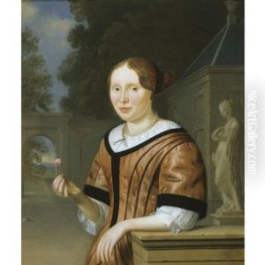 A Portrait Of A Lady Holding A Rose, By A Statue Of Flora In A Garden by Pieter Cornelisz van Slingeland