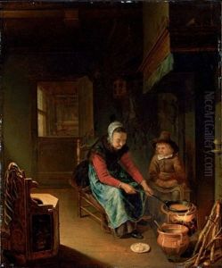 An Interior With A Woman Cooking Pancakes With A Young Boy Before A Hearth