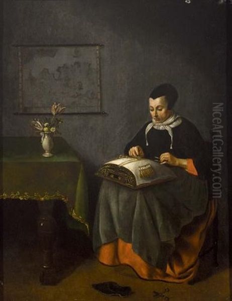A Girl Embroidering - view 1