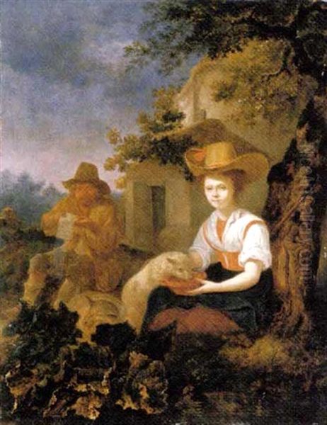 A Shepherd And A Young Shepherdess With Their Sheep By A Cottage - view 1