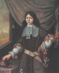 A Portrait Of A Young Nobleman Wearing A Dark Green Costume With A Sable, White Lace Collar And Sleeves Ardorned With Red Ribbons