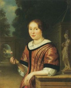 Portrait Of A Lady Wearing Pink, Holding A Rose, In An Ornamental Garden